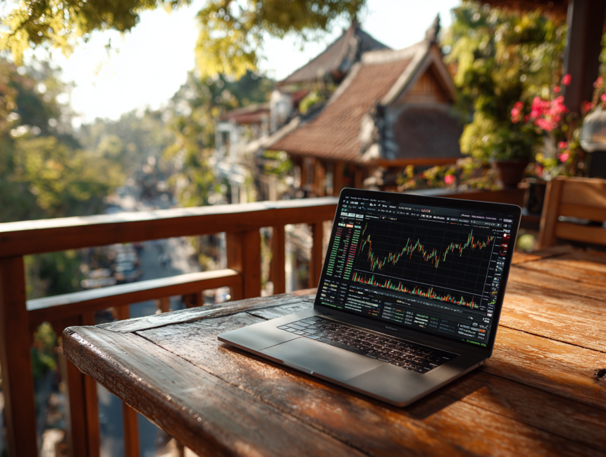 laptop showing stock market charts on a balcony representing beginner investing journey