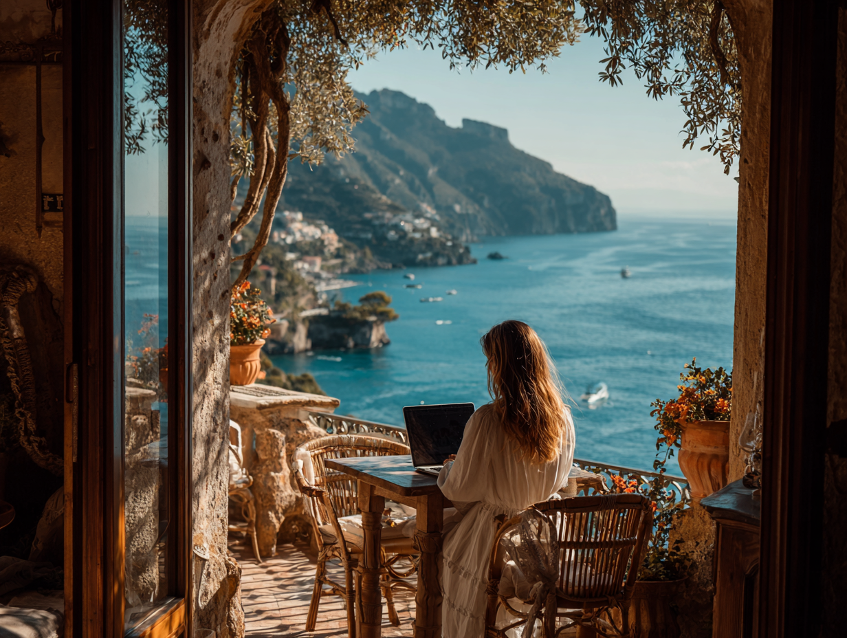 Beginner investor working on laptop with scenic ocean view representing financial freedom through ETF investing