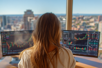 Stock market watchlist setup on multiple screens with city view in background