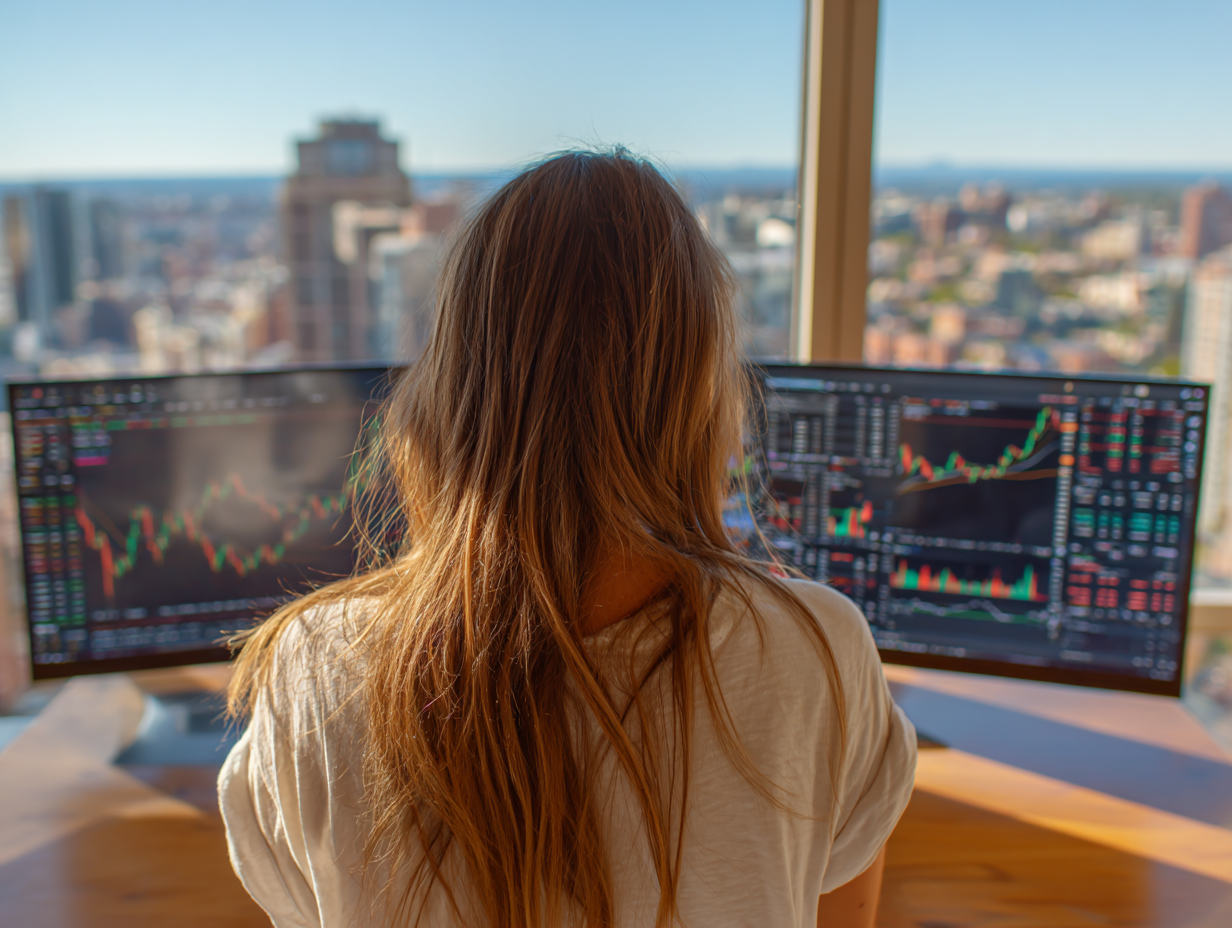 Stock market watchlist setup on multiple screens with city view in background