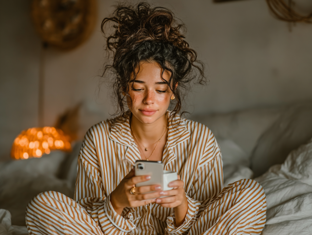 Woman sitting on her bed looking at her phone, representing modern stress, nervous system activation, and emotional responses to information.