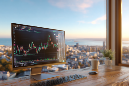 beginner ETF investing stock market setup with charts and city view