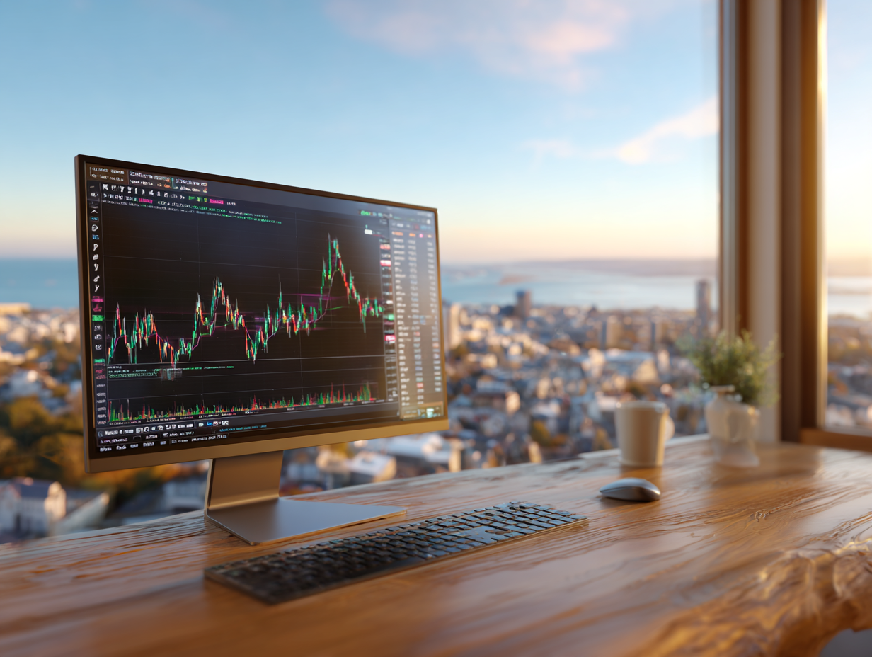beginner ETF investing stock market setup with charts and city view