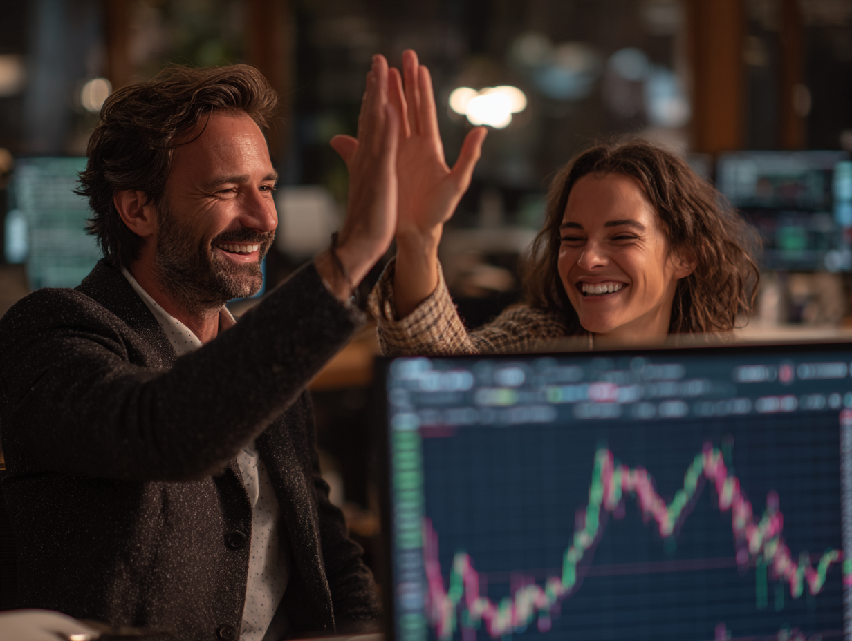 beginner investors celebrating reaching first $10,000 in stock market portfolio