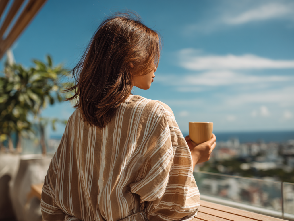 Woman enjoying a peaceful morning on a balcony with coffee, symbolizing calm nervous system regulation and intentional living.