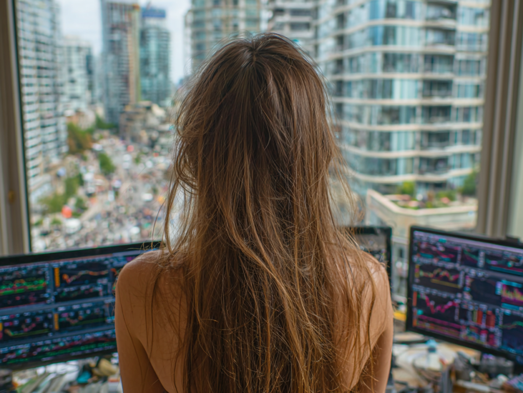 Investor calmly observing stock market screens while overlooking a city view