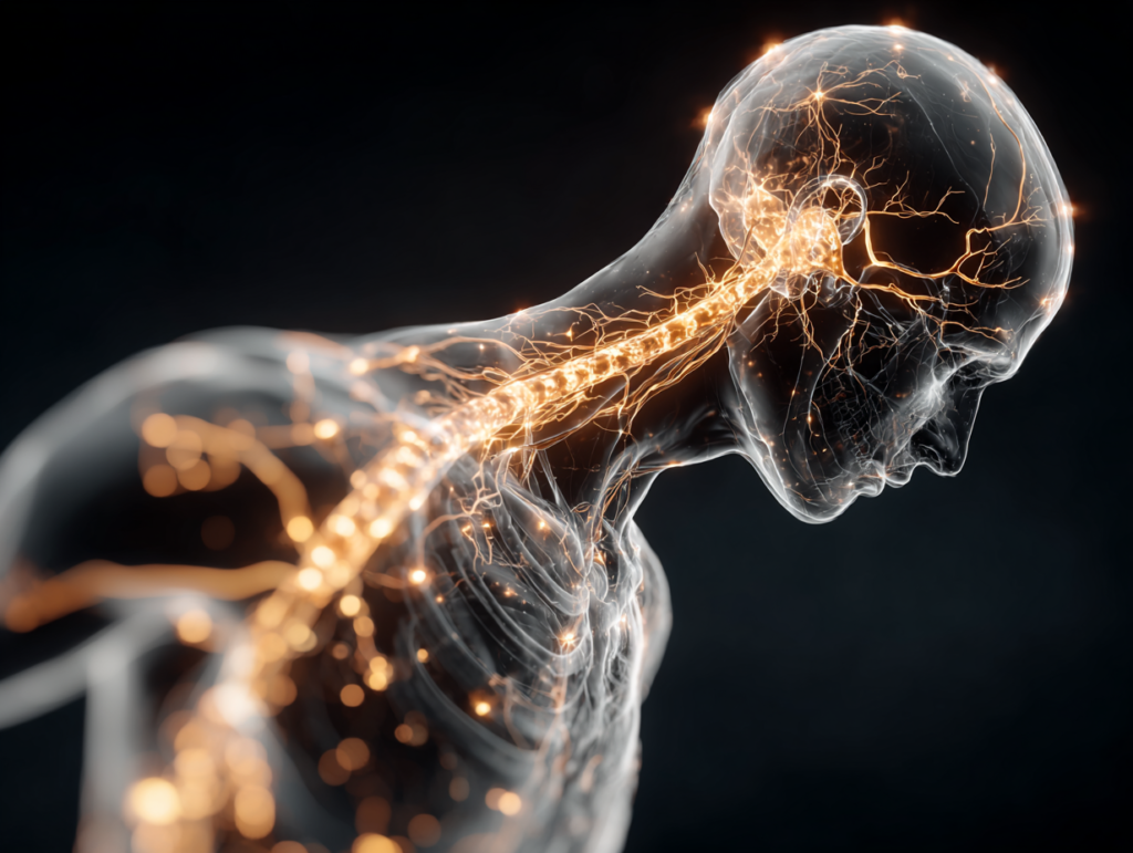 3D visualization of the human nervous system highlighting neural pathways from the brain through the spine.