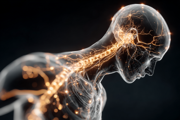 3D illustration of the human nervous system highlighting neural pathways in the brain and spine representing stress response and decision making.
