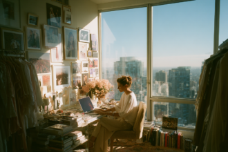 Creative woman working in a cluttered yet inspiring workspace, illustrating how environment influences focus, creativity, and mental clarity