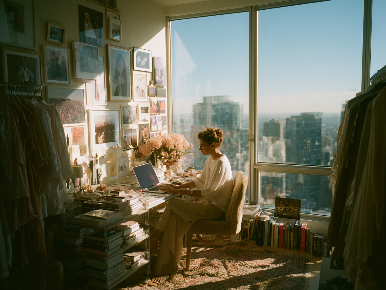 Creative woman working in a cluttered yet inspiring workspace, illustrating how environment influences focus, creativity, and mental clarity