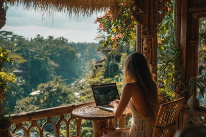 Woman working on a laptop overlooking lush jungle in Bali, experiencing a peaceful and intentional travel lifestyle in Ubud