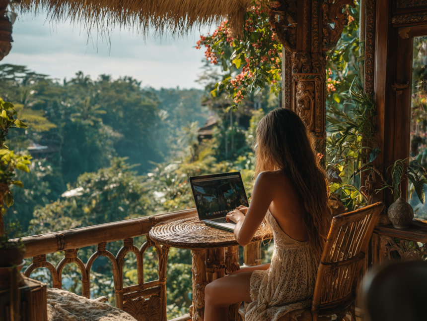 Woman working on a laptop overlooking lush jungle in Bali, experiencing a peaceful and intentional travel lifestyle in Ubud