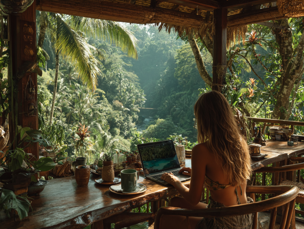 Woman working on laptop in jungle cafe in Bali surrounded by lush greenery and nature
