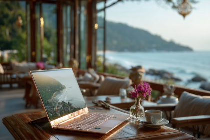 Laptop lifestyle setup overlooking the ocean representing financial freedom and remote work