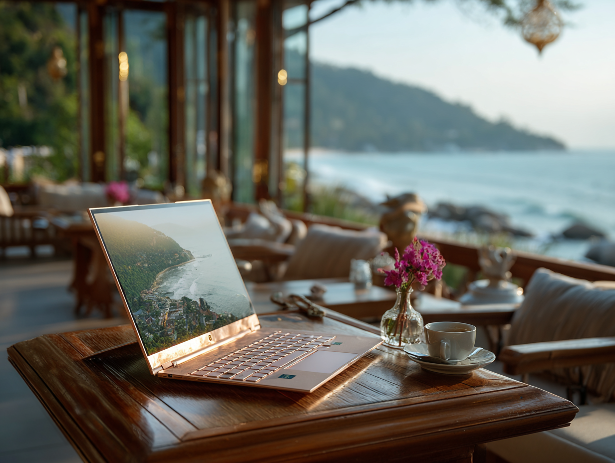 Laptop lifestyle setup overlooking the ocean representing financial freedom and remote work