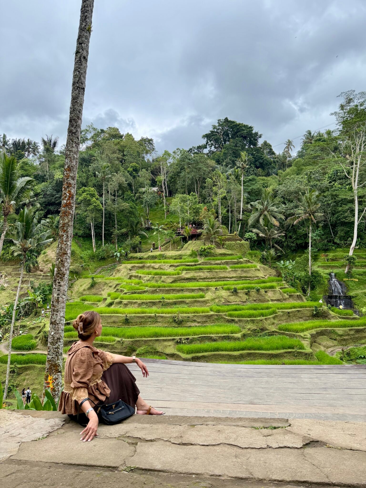 Woman sitting and admiring rice terraces in Ubud Bali surrounded by tropical forest