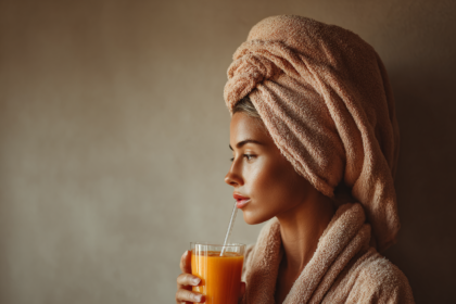 Elegant woman enjoying a calm morning routine, symbolizing clarity, self-care, and an organized, intentional lifestyle