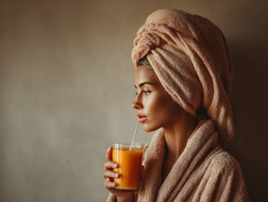 Elegant woman enjoying a calm morning routine, symbolizing clarity, self-care, and an organized, intentional lifestyle