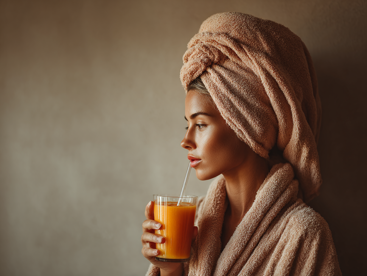 Elegant woman enjoying a calm morning routine, symbolizing clarity, self-care, and an organized, intentional lifestyle