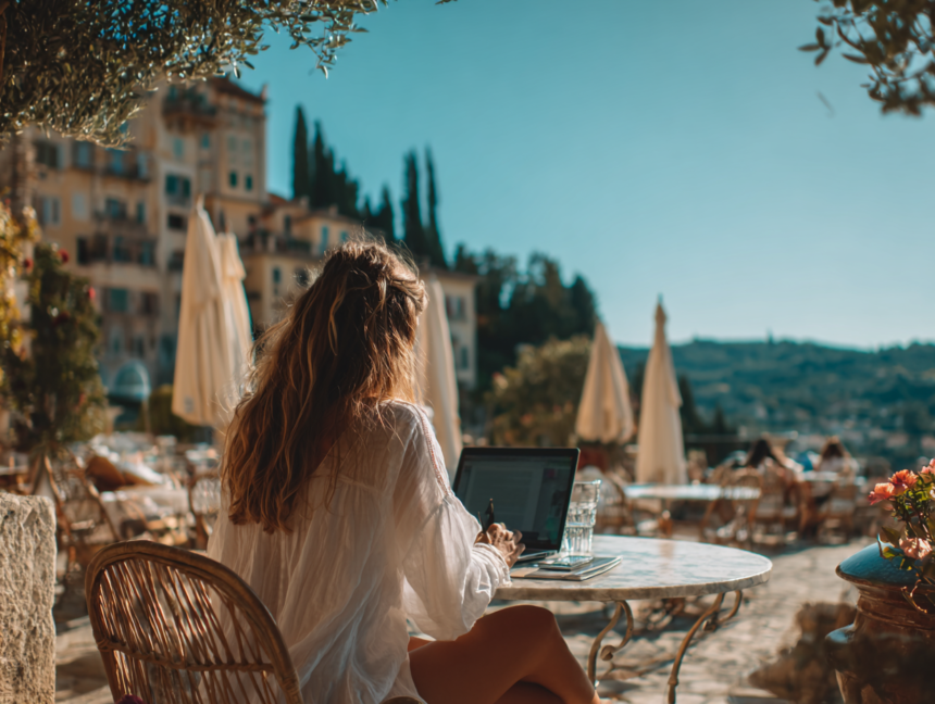 Woman working on a laptop outdoors in a European setting representing time freedom and a location independent lifestyle