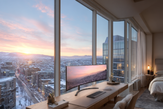 Minimalist organized home office with city view representing clarity, focus, and organized living