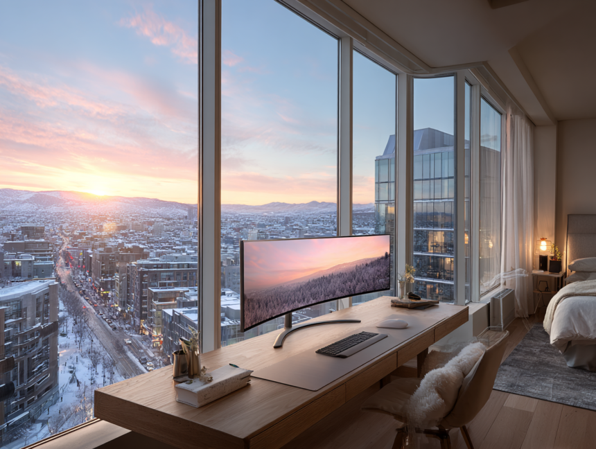 Minimalist organized home office with city view representing clarity, focus, and organized living