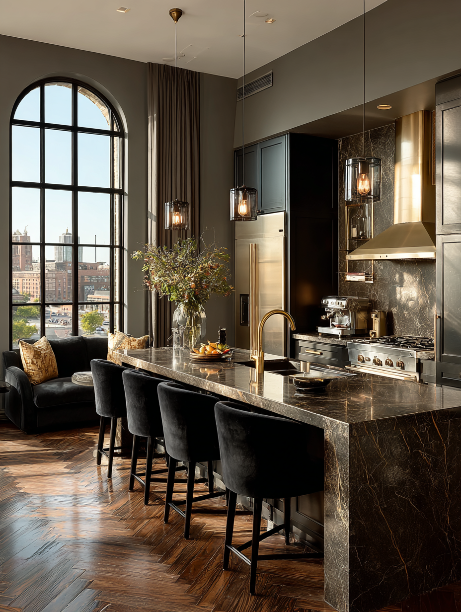 Black velvet kitchen island chairs with dark marble island and gold faucet in modern luxury kitchen