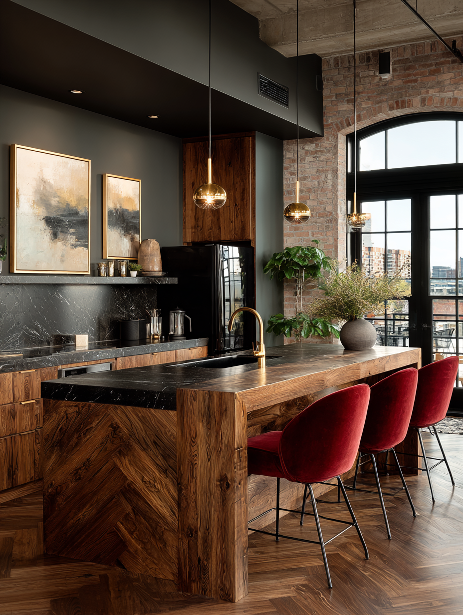 Burgundy velvet kitchen island chairs with wooden island in warm luxury kitchen design