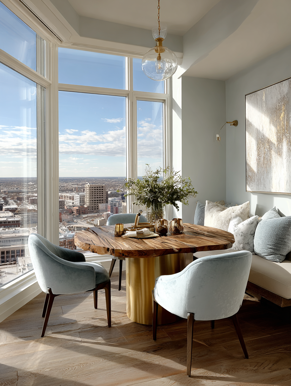 round wooden dining table with soft chairs near large windows in a bright condo space