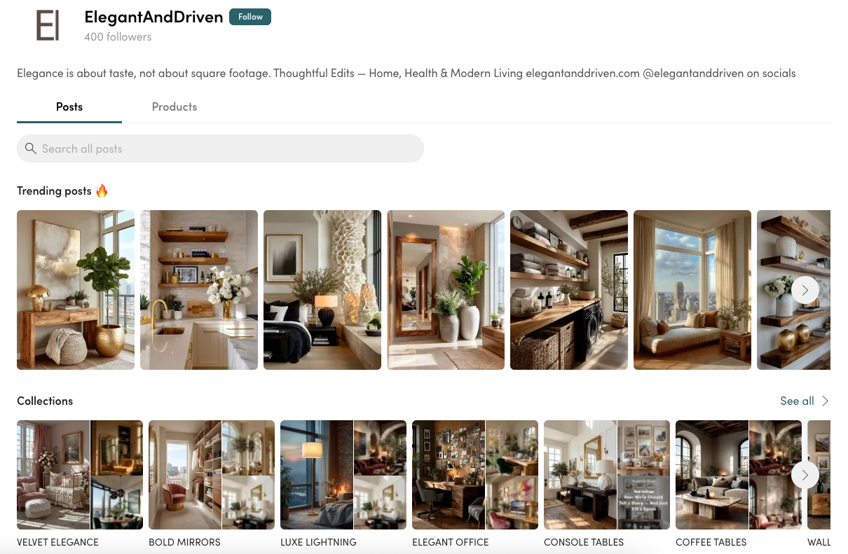 Screenshot of a curated home decor storefront showing digital and styled products created using AI tools and creative direction