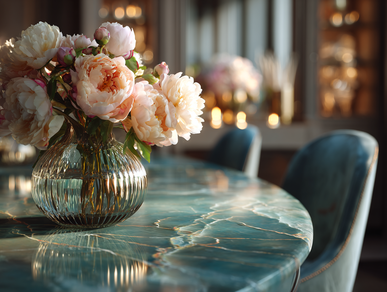 marble dining table with flowers warm lighting feng shui dining room energy flow