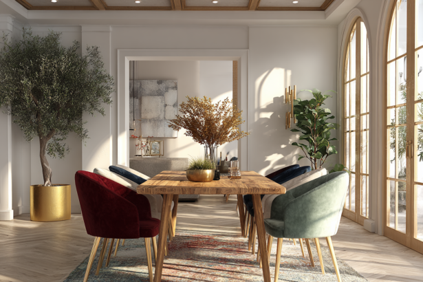 warm dining room with wooden table velvet chairs and natural light creating a balanced and abundant atmosphere