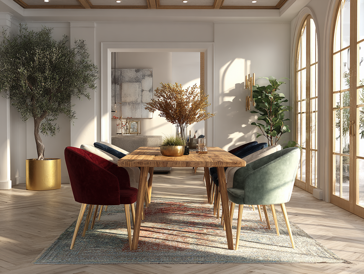 warm dining room with wooden table velvet chairs and natural light creating a balanced and abundant atmosphere