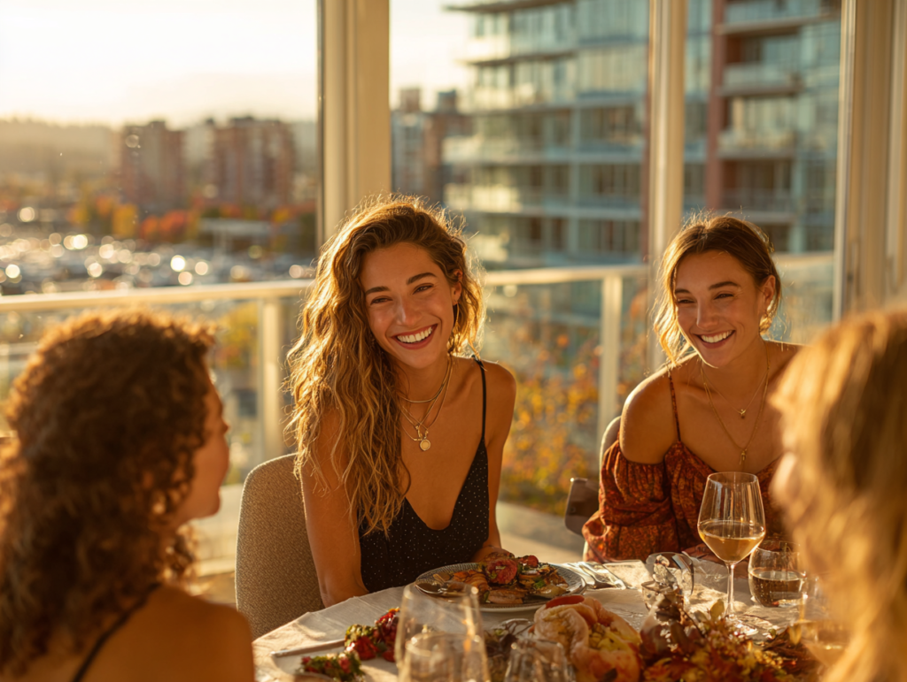 friends enjoying a meal together in a bright dining space creating joyful dining table memories
