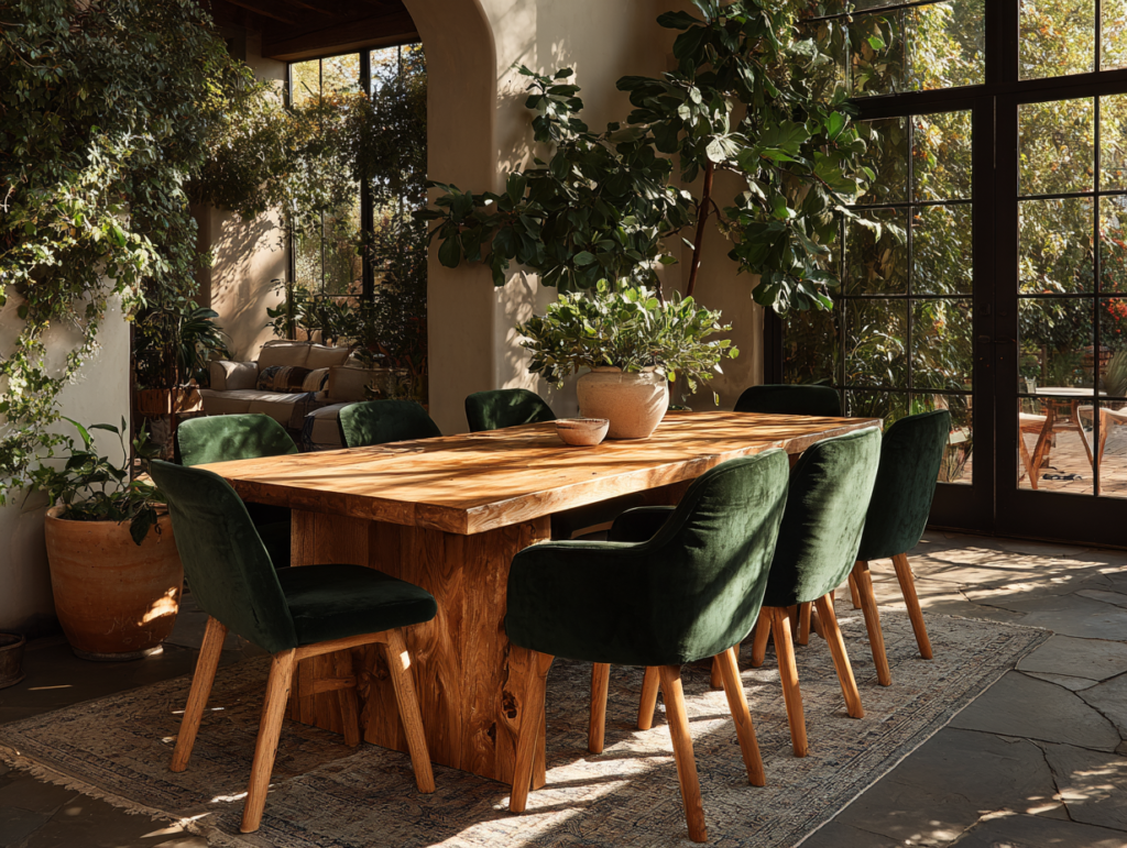 curated dining table setup with wood table and green velvet chairs in a warm natural space