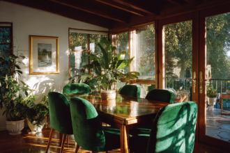 wood dining table with green velvet chairs in a sunlit space showing ideal dining table layout and styling