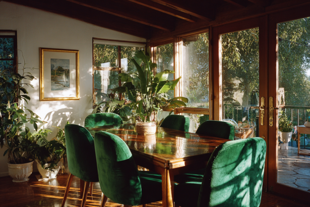 wood dining table with green velvet chairs in a sunlit space showing ideal dining table layout and styling