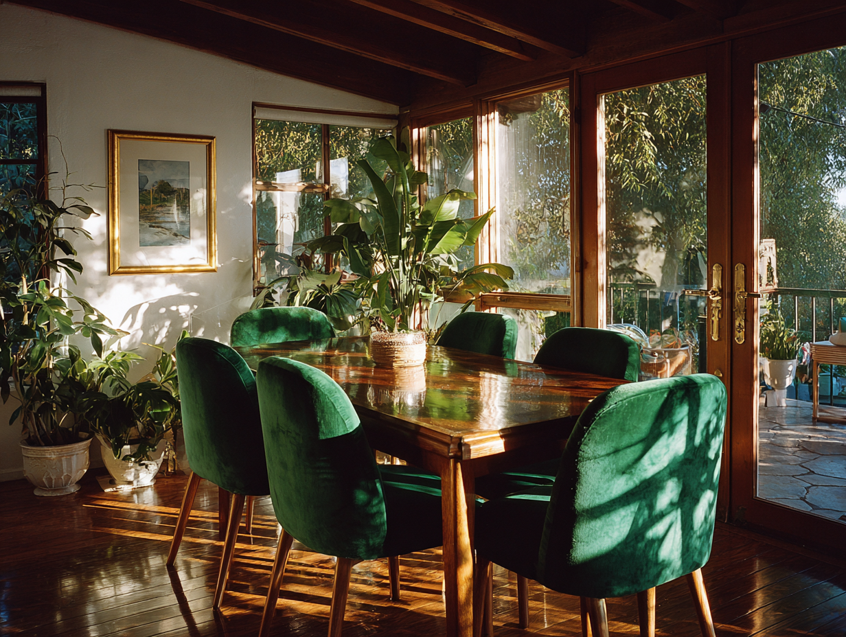 wood dining table with green velvet chairs in a sunlit space showing ideal dining table layout and styling