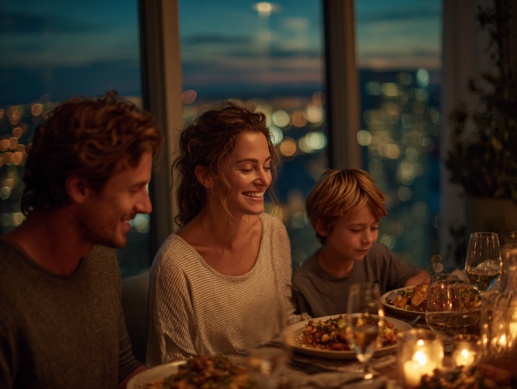 family enjoying dinner together at a dining table with warm lighting and cozy atmosphere