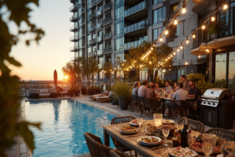 outdoor dining table by pool with warm lighting candles and people gathering creating an inviting and relaxed atmosphere