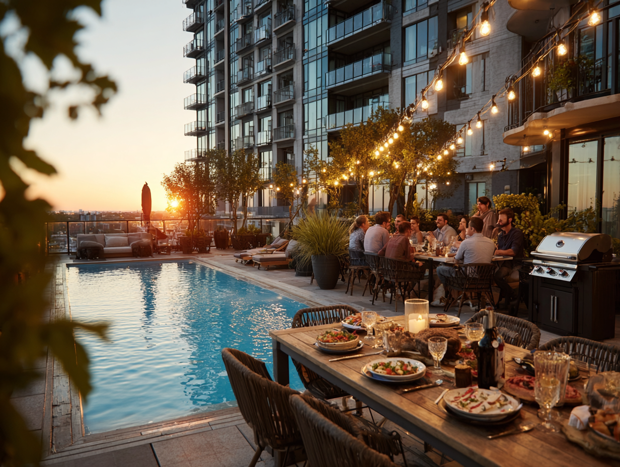 outdoor dining table by pool with warm lighting candles and people gathering creating an inviting and relaxed atmosphere