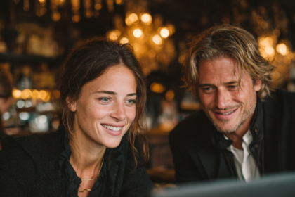 Two professionals working together on a laptop, representing collaboration, learning, and improving AI skills