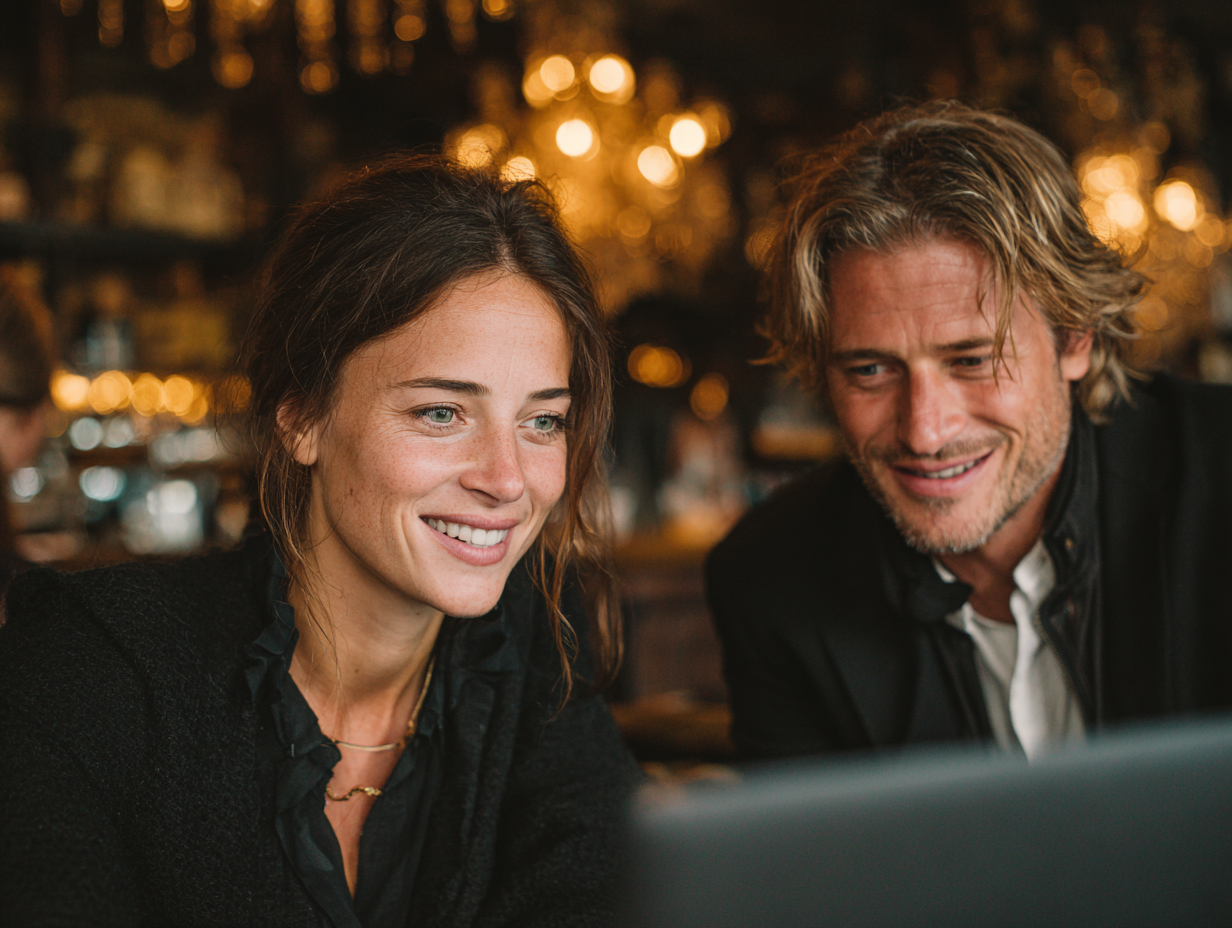 Two professionals working together on a laptop, representing collaboration, learning, and improving AI skills