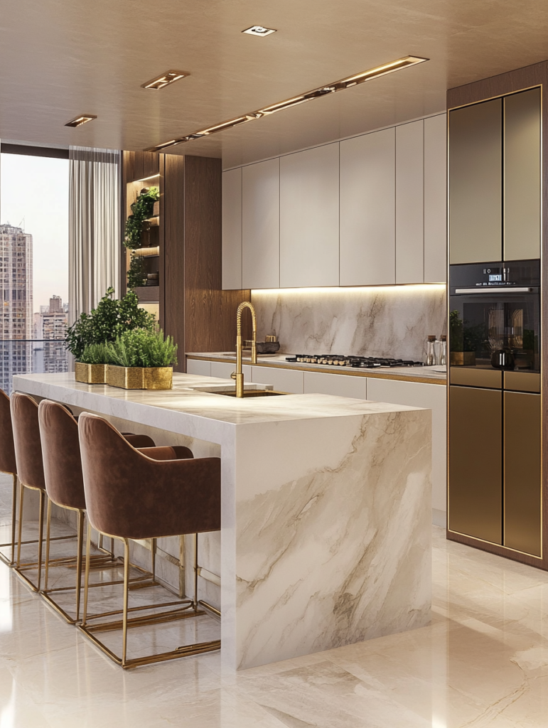 intentional kitchen design with marble island, velvet bar stools, and warm wood cabinetry