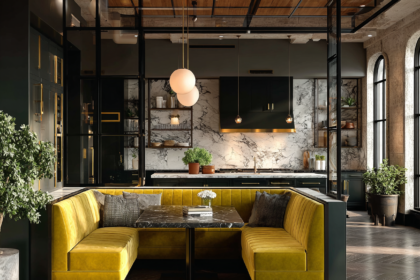 Designer home decor framework with velvet seating, marble backsplash, and layered materials in a luxury interior