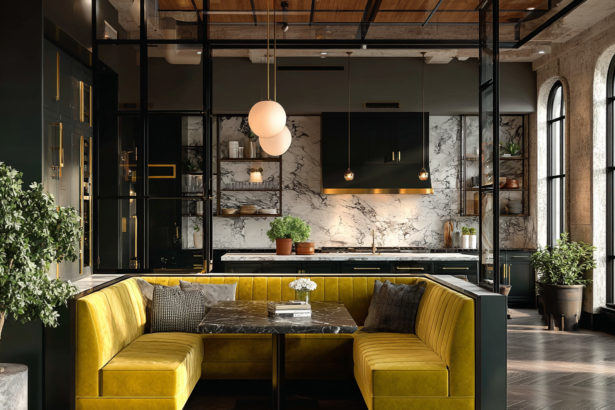 Designer home decor framework with velvet seating, marble backsplash, and layered materials in a luxury interior