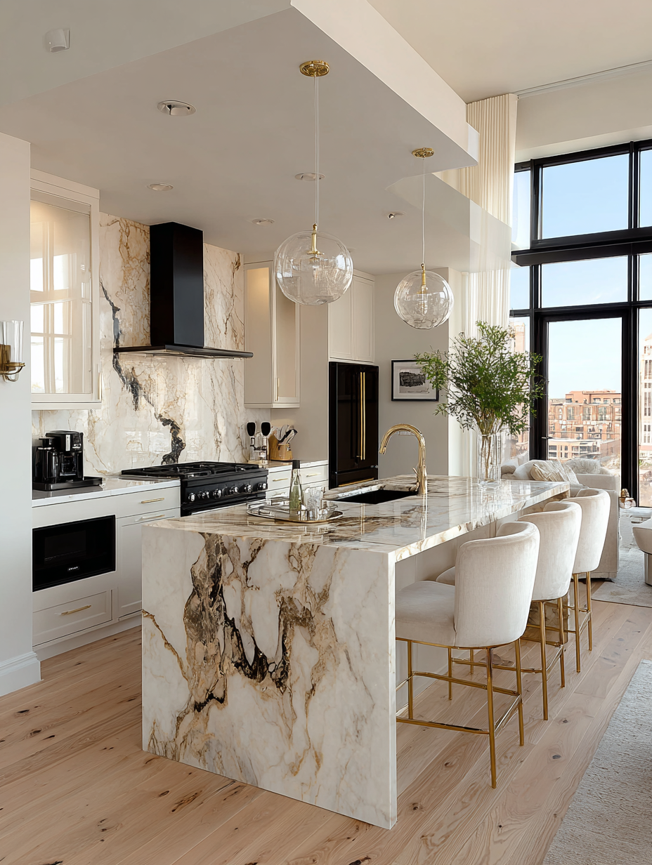 Ivory velvet kitchen island chairs with marble island and gold accents in bright modern kitchen