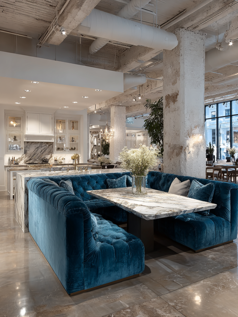 marble dining table with velvet booth seating luxury modern dining interior