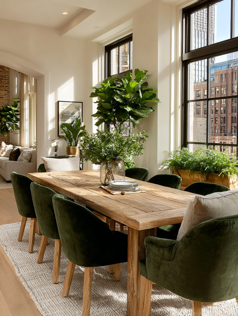 natural wood dining table with green velvet chairs and indoor plants creating a warm and balanced dining space