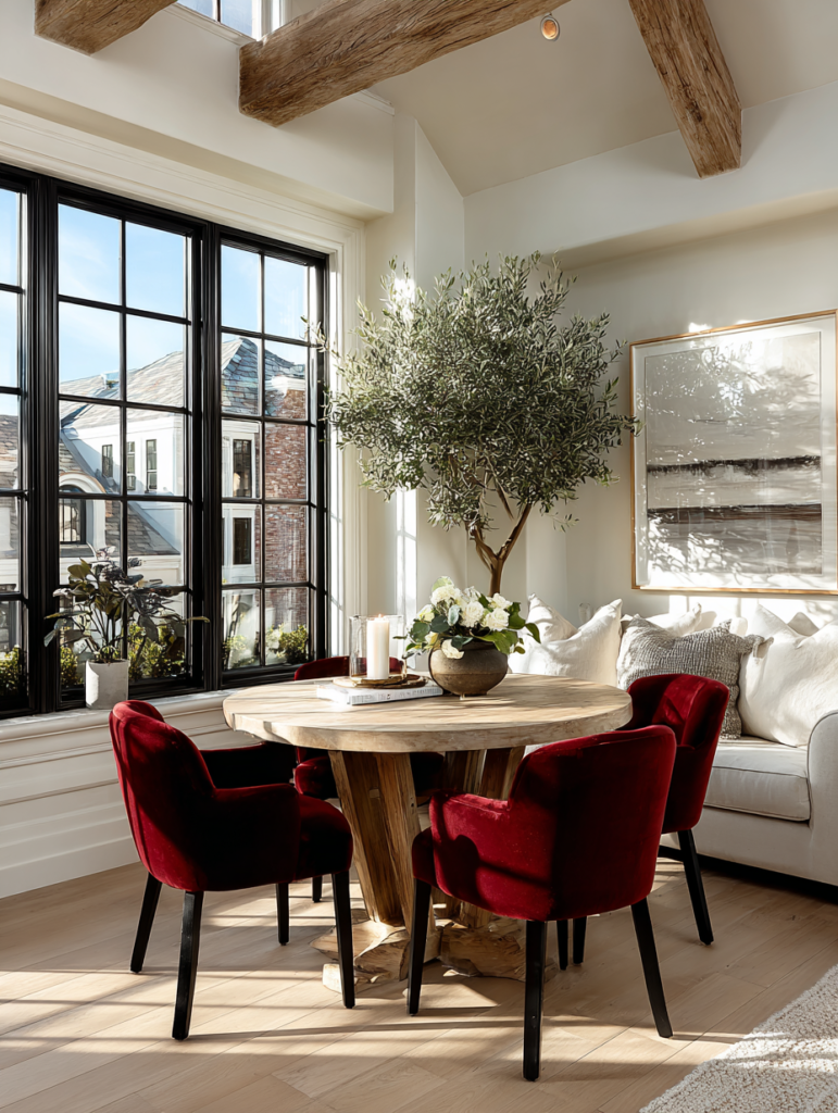 round wooden dining table with red velvet chairs bright elegant dining space